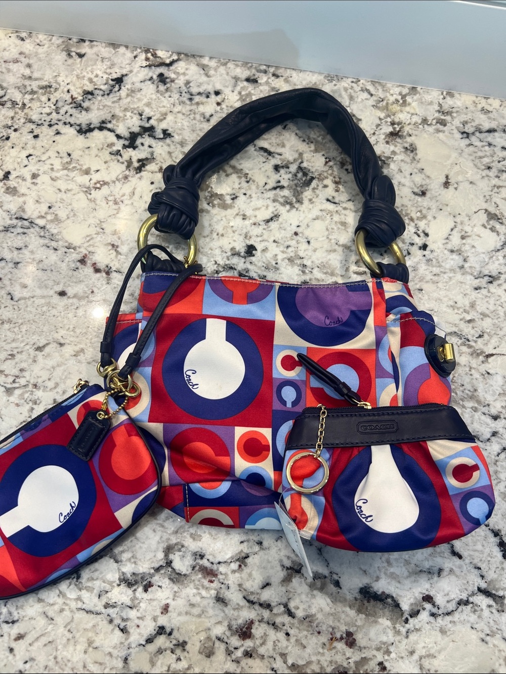 Coach Multicolor Geometric Nylon Shoulder Bag with Wristlet and Coin Pouch